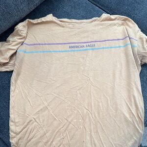 American Eagle Outfitters Beige Tee with Purple and Blue Stripes